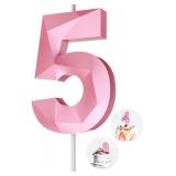 Number Birthday Candles(5 Candle Pink) 3D Diamond Shape Number Happy Birthday Cake Candles for Birthday Party Wedding Decoration Reunions Theme Party