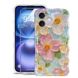 sheheme for iPhone 16 Plus Case [with 9H Screen Protectors] Wave Bumper Colorful Oil Painting Flowers Print Blue Glossy Soft TPU Phone Case Cover for Girls Women,Green Daisy