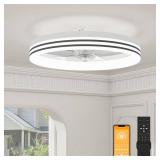 VOLISUN Low Profile Ceiling Fans with Lights and Remote, 19.7in Flush Mount Ceiling Fan with Light, 3000K-6500K Dimmable Fandelier LED Fan Light, White Bladeless Ceiling Fans with Lights for Bedroom -