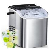 Joy Pebble Stainless Steel Ice Maker Countertop, 26Lbs/24H, 9 Cubes Ready in 6-8 Mins, Self-Cleaning Portable Ice Maker with Handle, for Home/Office/Bar (Silver)