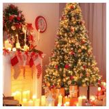 6FT Pre Holiday Christmas Tree for Home, Partially Flocked Design, Pine Cones, Metal Hinges & Base - Retail: $98.61