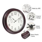 Vigorwise 12 inch Outdoor Wall Clock, Plastic Waterproof Wall Clock with Temperature & Humidity, Water Resistant Wall Clock, Silent Wall Clock for Patio Garden Bathroom, Dark Brown