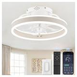 ZMISHIBO Low Profile Ceiling Fans with Lights and Remote, Modern Flush Mount Ceiling Fan, Dimmable LED Small Fan Light, 13 Inch Fandelier Ceiling Fan with Light for Bedroom, White