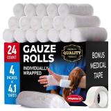 Premium Gauze Rolls   (24 Pack)   4 x 4.1yd Breathable Rolled Gauze   Individually Wrapped + Bonus Tape   First Aid Conforming Gauze Wrap Roll for Wounds