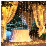 Brightown 300 LED Curtain String Lights, 9.8 FT Hanging Fairy Lights with Remote, 8 Modes, Connectable Waterproof Window Lights for Bedroom Backdrop Wedding Outdoor Christmas Party, Warm White