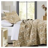 Finlonte Quilts Queen Size 100% Cotton Lightweight Soft Queen Quilt Vintage Botanical Quilted Bedspread Khaki Floral Reversible Quilt Bedding Set 3 Pieces