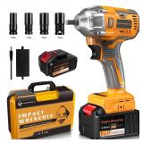 ALIENWORLD Cordless Impact Wrench,1/2 Inch Cordless Electric Impact Gun,Brushless Impact Driver,High Torque,with Battery,4 Pcs Impact Sockets for Car and Home