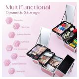 Joligrace Makeup Train Case Cosmetic Box Portable Makeup Case Organizer 2 Trays Makeup Storage with Mirror Locking for Cosmetologist Aesthetic Supplies Nail Tech Traveling Makeup Box Mermaid Pink