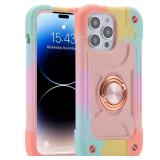 MARKILL Compatible with iPhone 14 Pro Case 6.1 Inch with Built-in Ring Stand, Military Grade Drop Protection Full Body Rugged Heavy Duty Case 3 in 1 Protective Durable Cover. (Rainbow Pink)