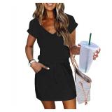 ETCYY NEW Womens Summer Dress Lantern Sleeve Square Neck Tie Front Striped Dresses Double Layer Hem Mini Dress Black XL