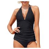 Yonique Womens Two Piece Swimsuits Solid Black Tummy Control Tankini Plus Size Bathing Suit Halter V Neck Swimwear S