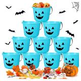 10 Pieces Halloween Pumpkin Bucket Trick or Treat Bucket 7.5 x 5.5 x 6.1 Inches Plastic Candy Basket with Handles Jack O Lanterns for Halloween Party Supplies Snacks Goodies(Teal)