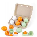 SallyFashion 12PCS Toy Eggs, 6 Egg Carton (2 Pack) Wooden Play Eggs Play Kitchen Accessories Pretend Play Food Sets for Kids Early Development Learning Toys