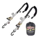 PowerTye 1.5in x 7ft Rubber Handle Ratchet Straps with SHEEPTEX Synthetic Sheepskin Soft Tye w/Heavy Duty Latch Hooks   1,200 lb. WLL / 3,600 lb. Breaking Strength   Made in USA, Silver (Pair)