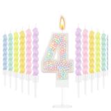 MTLEE Number 4 Birthday Candle Macaron Pastel Glitter 3D Number Candle with 12 Pcs Rainbow Spiral Candles in Holders for Girl Boy Cake Topper Wedding Anniversary Sweet Theme Party Decoration