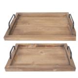 Besti Rustic Vintage Food Serving Trays (Set of 2) | Nesting Wooden Board with Metal Handles | Stylish Farmhouse Decor Serving Platters | Large: 15 x2 x11" - Small: 13 x2 x9" inches (Rustic Burnt)