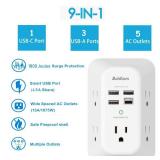 Addtam USB Wall Charger Surge Protector 5 Outlet Extender with 4 USB Charging Ports (1 USB C Outlet) 3 Sided 1800J Power Strip Multi Plug Outlets Wall Adapter Spaced for Home Travel Office ETL Listed