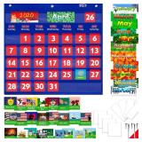 Blue Calendar Pocket Chart with 76 Cards,(68 Illustrated Activity Cards, 8 Dry Erasable Flash Cards and 3 Hooks)