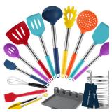 HOTEC 14pcs Heat Resistant Silicone Kitchen Utensils, Cooking Utensil Set, Spatula Set, BPA Free, Kitchen Gadgets, Utensils Holder, Dishwasher Safe, Stainless Steel Whisk