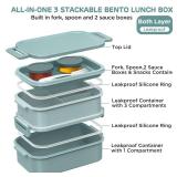 DaCool Lunch Box Adults Bento Box 74 OZ All-in-One Stackable Lunch Box Containers for Adult Large Bento Box with Fork Spoon Sauce Boxes, Leakproof Lunchbox for Work School Dining Out, Morandi-Green