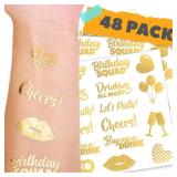 CORRURE 48pcs Birthday Tattoos - Gold Temporary Tattoos Metallic for Women and Men - Happy Birthday Squad Tattoos for Girls, 18th 21st 25th 30th or Any Adult Bday - 11 Flash Party Tattoos