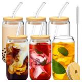 6 Pcs Drinking Glasses with Bamboo Lids and Glass Straw - 16 Oz Can Shaped Glass Cups for Beer, Ice Coffee, Cute Tumbler Cup Great for Soda Boba Tea Cocktail Include 2 Cleaning Brushes