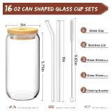 6 Pcs Drinking Glasses with Bamboo Lids and Glass Straw - 16 Oz Can Shaped Glass Cups for Beer, Ice Coffee, Cute Tumbler Cup Great for Soda Boba Tea Cocktail Include 2 Cleaning Brushes