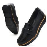 Penny Loafers for Women Slip On Dress Shoes Genuine Leather Memory Foam Non-Slip Comfort Casual Work Office Dressy Business Shoes Black US 11