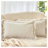 ZWJD Throw Pillow Covers 12x20 Set of 2 Striped Pillow Covers with Fringe Chic Cotton Decorative Pillows Square Cushion Covers for Sofa Couch Bed Living Room Farmhouse Decor