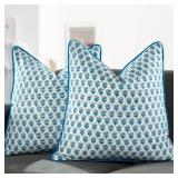 CPC 100% Cotton Throw Pillow Covers 20x20 Inch, Set of 2 Blue Block Print Pattern Couch Pillow, Cute Decorative Pillows for Living Room, Christmas and Thanksgiving with Hidden Zipper- Apatite Blue