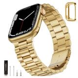 SUNFWR Compatible with Apple Watch Band 45mm 44mm 42mm for Men Women, Stainless Steel Metal iWatch Band with Case for Apple Watch Series 9/8/7/6/5/4/3/2/1/SE/SE2 (Golden, 42mm/44mm/45mm)