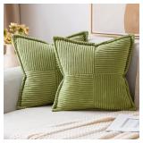 MIULEE Corduroy Pillow Covers with Splicing Set of 2 Super Soft Couch Pillow Covers Broadside Striped Decorative Textured Throw Pillows for Spring Cushion Bed Livingroom 18x18 inch Green