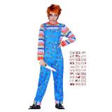 jiobabe Adult Nightmare Killer Doll Costume Women Girls Halloween Costumes Blue Cartoon Jumpsuit Cosplay Overalls Striped Shirt with Knife Prop Tattoo Stickers GR039M