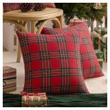 AQOTHES Pack of 2 Christmas Plaid Decorative Throw Pillow Covers Scottish Tartan Cushion Case for Farmhouse Home Holiday Decor Red and Green, 18 x 18 Inches