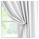 Jubilantex Greyish White Blackout Curtains 84 inches Long with Pom Pom Decorated Window Treatments 2 Panels for Bedroom Living Room,52" x 84",2 Panels