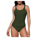 Sovoyontee Womens Tankini Bathing Suits Two Piece Tummy Control Swimsuits Ruched Tank Top with Bikini Bottom Army Green S