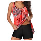 Yonique 2 Piece Swimsuit for Women Blouse Tankini Top with Shorts Tummy Control Bathing Suit Red Floral XXL