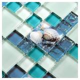 Hominter Glossy Glass Tile with Inner Crack Effect Resin Shell Beach Style Decor Sky Blue Versailles Pattern Elegant Mosaic Kitchen Backsplash Bathroom Shower Wall Tiles (5 Square Feet) - Retail: $82.