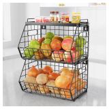 CHLORYARD 3-Tier Stackable Fruit Basket Kitchen Potato Onion Storage Wire Baskets with Tray Top, Wall-mounted & Countertop Tiered Pantry Organizer for Snack, Fruit and Vegeatble Storage