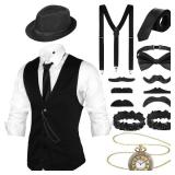 SATINIOR 1920s Mens Costume Roaring Outfit with 20s Gangster Vest Hat Pocket Watch Suspenders(XX-Large,Black)