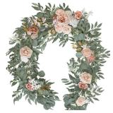 Lookein 6FT Flower Garland Eucalyptus Garland with Flowers Handcrafted Garland for Wedding Centerpieces for Rehearsal Dinner Bridal Shower, Dusty Rose