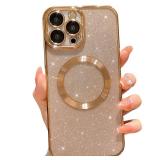 MGQILING Compatible with iPhone 12 Pro Max Magnetic Glitter Case, Luxury Plating Cute Bling Clear Phone Case, Compatible with MagSafe for Women Girls with Camera Protector Back Cover - Gold