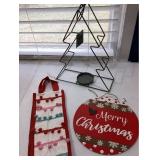 Green Metal Christmas Tree 13 In Tall, Gift Bag and Merry Christmas Round Wall Decor