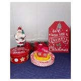 Christmas RED - Santa, Cookie Tin Baking Spirits Bright, 3 Ornaments, Salt and Pepper Barn Toothpick Holder Plates and Hanging Wall Decor Package