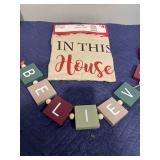 Santa Sack 17x26 inch (In This House We Believe) and Tabletop BELIEVE Decor Wooden Blocks