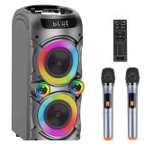 TYOTY Karaoke Machine with 2 Wireless Microphones, Portable PA System Big Bluetooth Speaker with LED Lights, Remote Control Support Bass/Treble Adjustment, TF Card/USB, REC for Adult Kids Home Party -