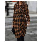 Blooming Jelly Womens Plaid Dresses Flannel Button Down Dress Work Casual Dresses Fall Long Sleeve Tunic Dress(Small,Brown)