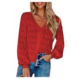 Dokotoo Fall Sweaters for Women 2024 Lightweight Cardigans Casual Long Sleeve Open Front Cropped Cardigans Sweaters Loose V Neck Hollow-Out Crochet Knit Shrug Red Jacket X-Large