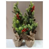 Juegoal 2 Pack Artificial Mini Christmas Trees, 24 Inch Lighted Tabletop Xmas Pine Tree with Lights, Small Light Up Battery Operated Spruce Tree with Burlap Base for Holiday Winter Home Party Decor