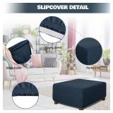 NeColorLife Square Ottoman Cover Jacquard Fabric Ottoman Slipcover Thick Stretchable Footrest Stool Covers for Square Ottoman,Square Medium Size,Navy Blue